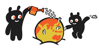 Cartoon showing two animals pouring water from can on burning planet