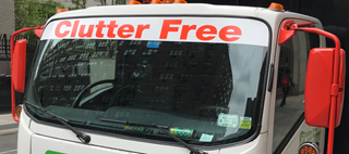 Windscreen of lorry with CLUTTER FREE sticker