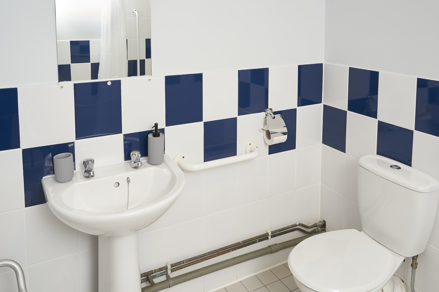 Accessible  bathroom with blue and white tiles