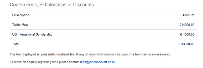 Example of the course fee information screen