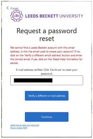 Example of screen if email has failed to verify