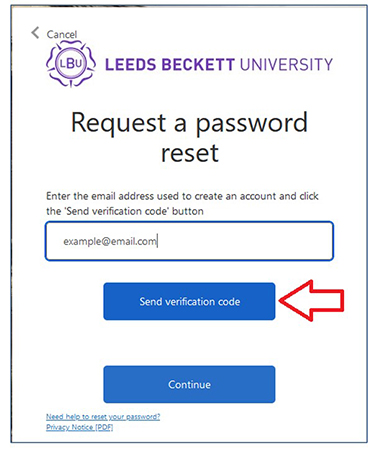 Example screen requesting verification code