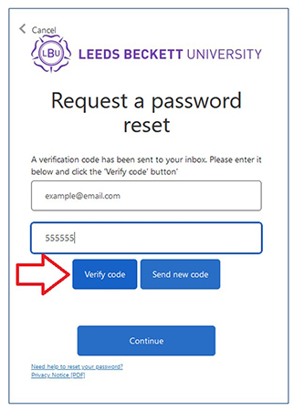 Example of request screen to verify code