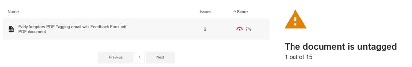Example of a PDF file with a very low score of 7 percent and stating it is an untagged PDF in the module tools Accessibility Report