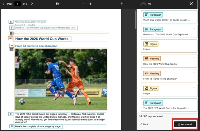 Auto tags will be applied to the PDF using the Ally Accessibility Report tool with step by step instructions. Approve all to apply. Your PDF is now tagged and will be readable on screen readers.