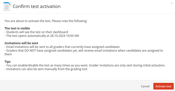 Confirmation of test activation