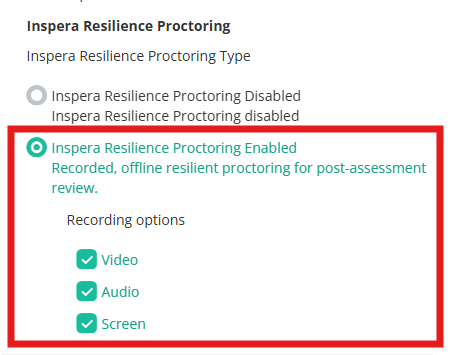 Inspera Resilience Proctoring setting