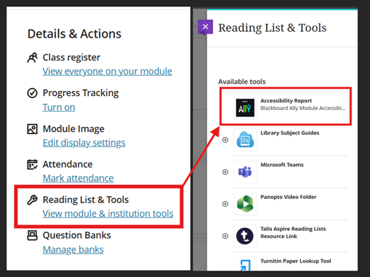 Accessibility Report in located in Ultra under Reading List & Tools within your module / community , it is the first in the list of tools.
