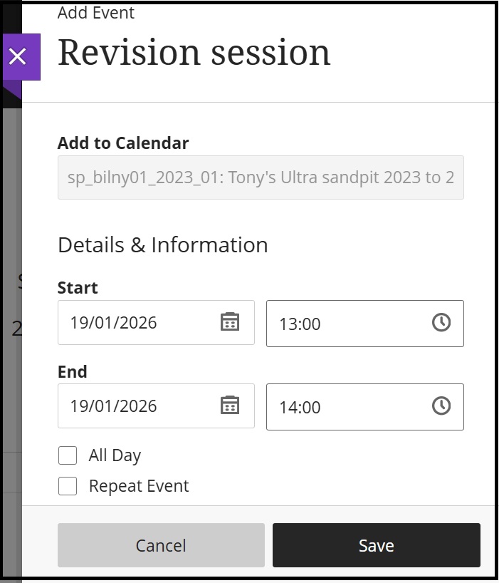 Calendar create event 2 Jan 26