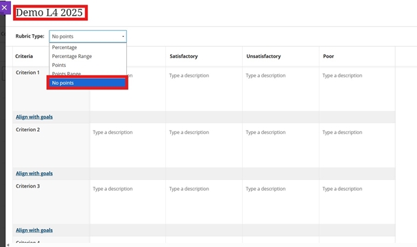 Create a Blackboard Rubric and rename using key indicator such as Level and Year and then select no points from the drop down.