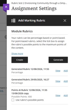 New blackboard rubrics are listed under the marking rubrics within the assignment settings under the two buttons. View and edit from here.