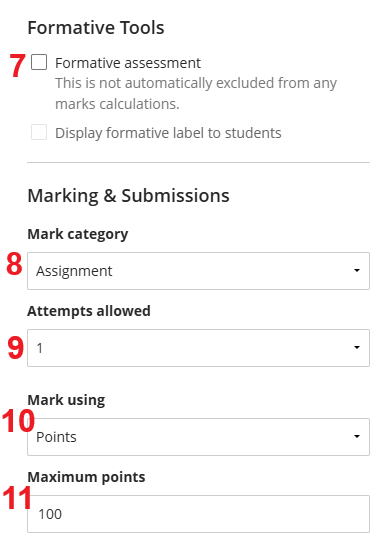 List of Blackboard assignment settings