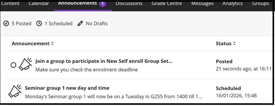 Create Announcement self group 6 Jan 2026
