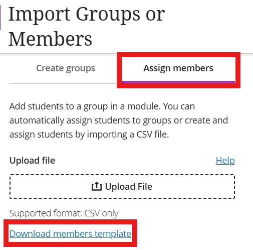 To Import Members to a class in bulk using the template. Select the Group Set and then the Import icon. A side panel has two section create group or assign members. 