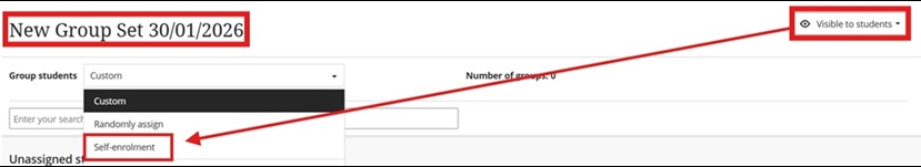 Rename group set and make visible to students to enable the option for self-enrolment.  Also write a description for the purpose of the group.