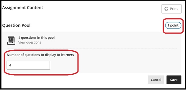 f. In the screen shot we have highlighted the items we wish to alter: Firstly to change it to 100 points for the essay (see the next point and screen shot for more detail on this) and to display one question only: