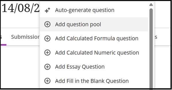 c. Click the plus icon in the centre of the page to bring up the menu and choose Add question pool: