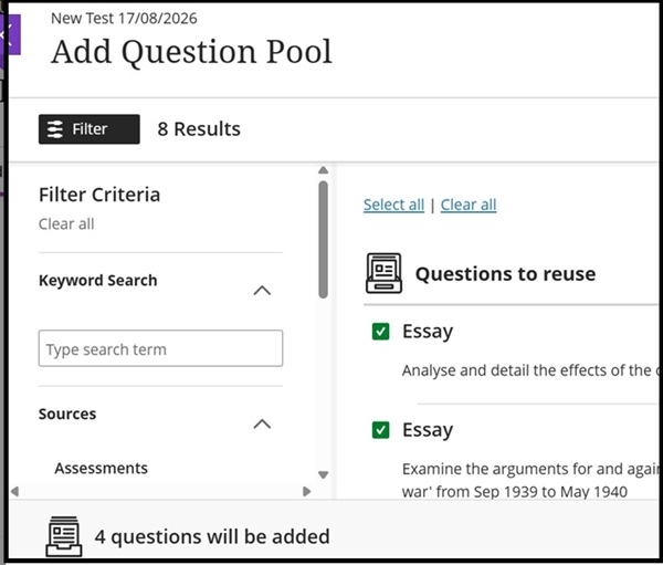d. In the Questions to reuse section select the questions you wish to add.. As you can see, the amount is confirmed by the message '4 questions will be added':