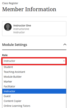User role drop-down menu
