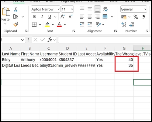 Grade centre CSV altered file view 41