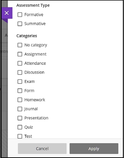 Grade centre Filter category assess 30