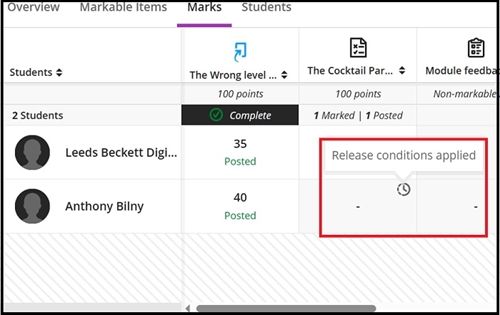 Grade centre Marks view excep clock post marks 45