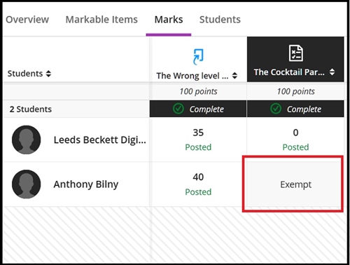Grade centre Marks view exempt mark 47