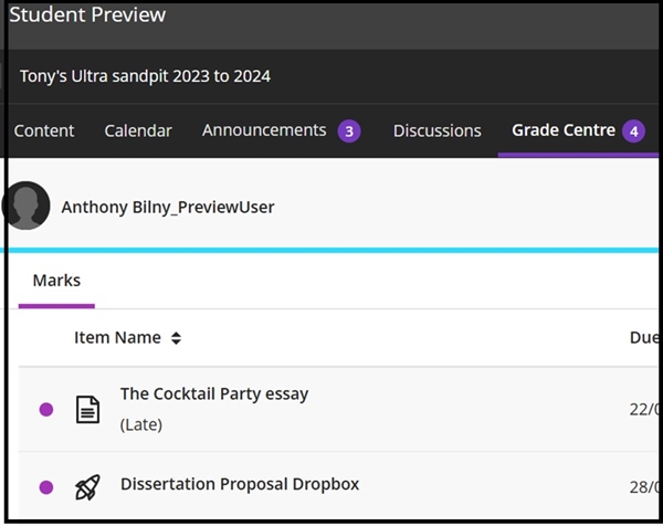 grade centre student view LH 2