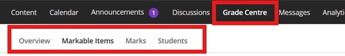 Grade Centre in MyBeckett Ultra has four areas or tabs, Overview, Markable items, Marks, Students