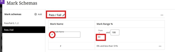 MyBeckett Ultra Module Marking Schema example of setting up Pass/Fail in Grade Centre 
