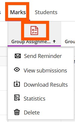 Grade Centre Marks tab shows the full Grade Centre. Select the column header to view options such as Send reminder, View submissions, download results statistics and delete.
