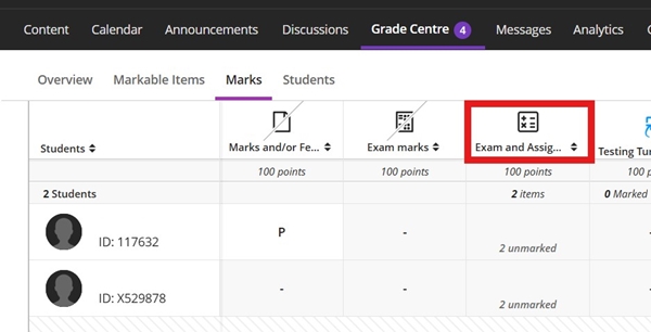 To apply a marking schema to a column, in Grade Centre under Marks Tab, select the column header and choose Edit from the menu.
