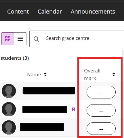 Overall mark column is visible in the Student section of the Grade Centre Grid View