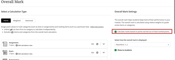 Select the option under Overall Mark Settings to Calculate marks based on pints earned out of total marked points