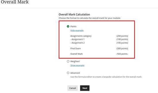 Grade Centre under Overall Calculations and select Points