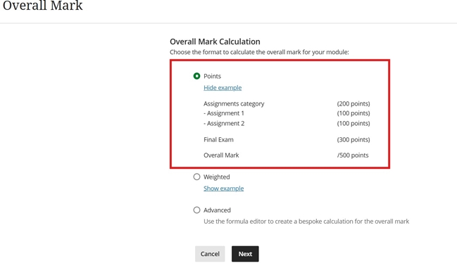 Grade Centre under Overall Calculations and select Points