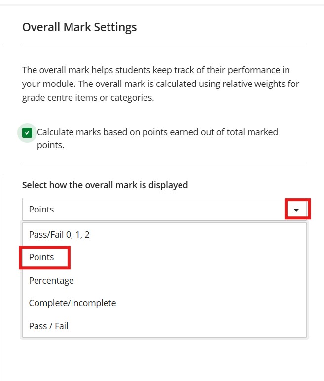 Points for Overall Mark display recommended setting
