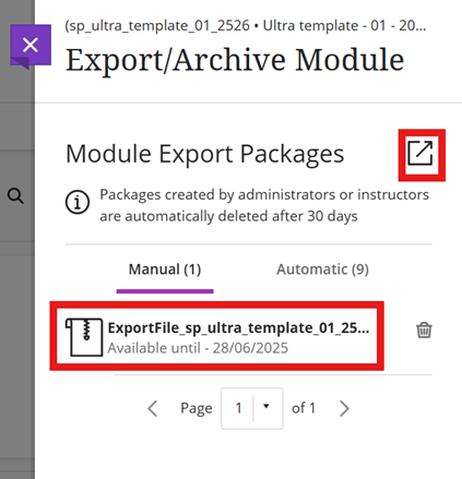 Export Ultra Content via three dots. Once selected and processed to Export Module Package, click the zip file icon to download.