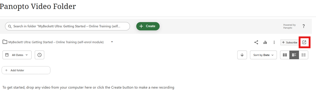 Panopto Rollover ultra guide_The image shows how to navigate to the full Panopto application so you can browse and locate the previous years recording required if you have copied content over and have embedded Panopto recordings.