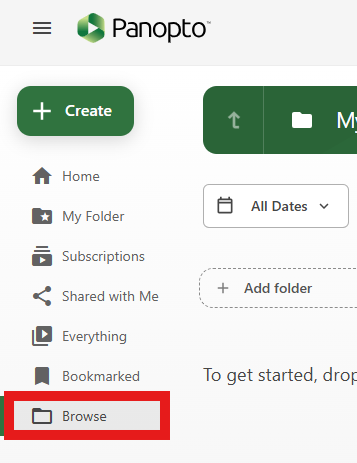 Search for previous modules in Panopto by choosing the Browser folder in the menu to the left. Type in the name or CRN to search.