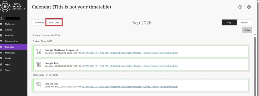 Calendar due dates for instructors showing a list of due dates and links to modules