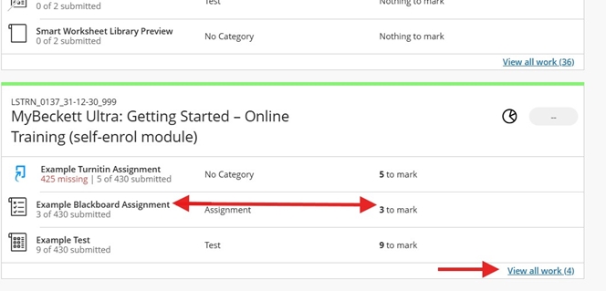 Marks in the main menu of MyBeckett shows an overview list of all modules and any assessments will shown per module that you are enrolled. Select from the list or view all work if not visible.