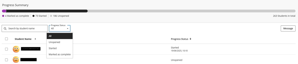 Content progress activity overview with progress bar, progress status, a filter to drill down to identify students who have: Unopened, Started and Marked as complete.