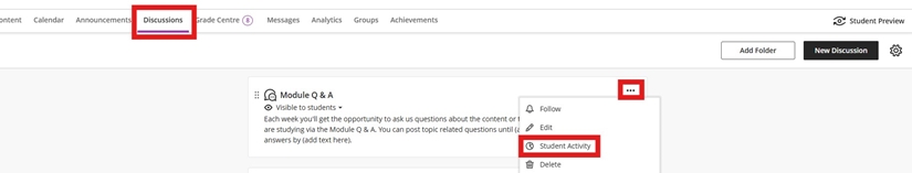 To view student activity for Discussions, open the tab for Discussions and select three dots more on a discussion thread and open student activity.