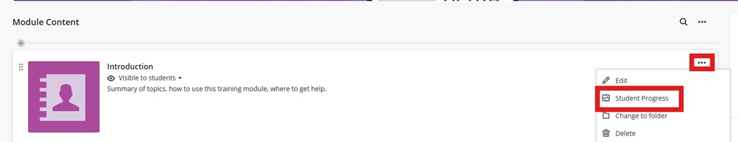 Example of how to view Student Progress and activity in a content. This shows a Student activity in Learning Module content item, select three dots more to select the Student Progress