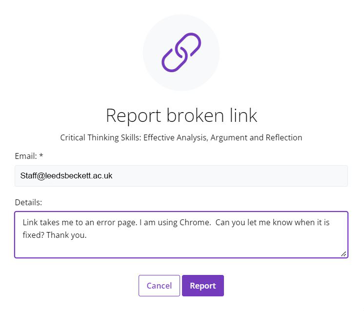 Request a response and add more details option in report broken link pop up box