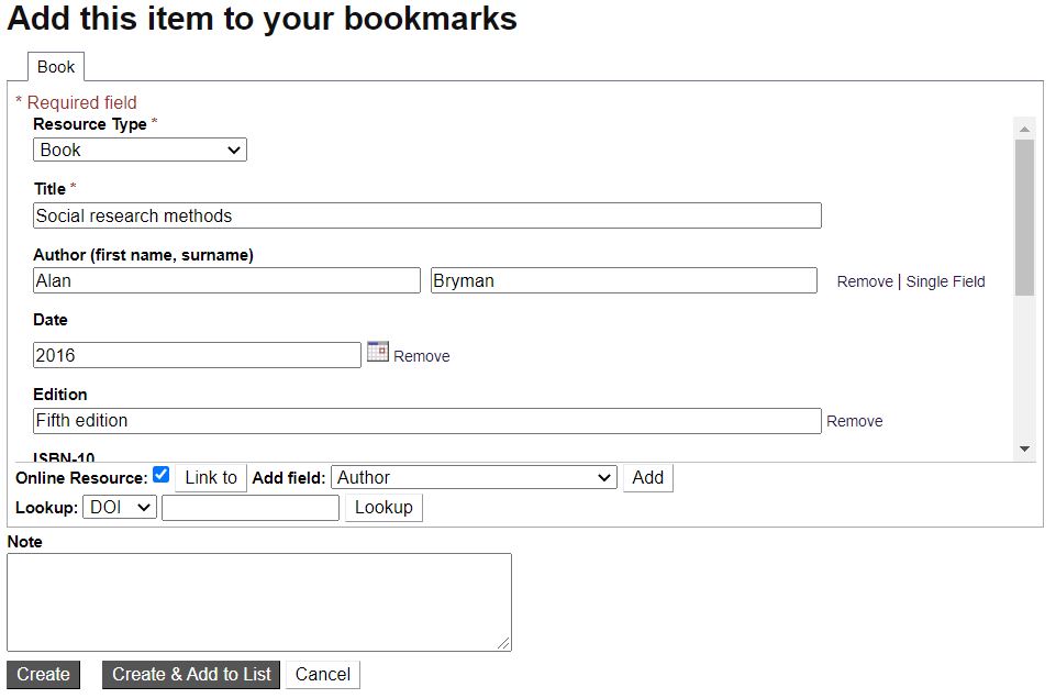 Example of a item that has been bookmarked with all the resource's bibliographic information displayed.