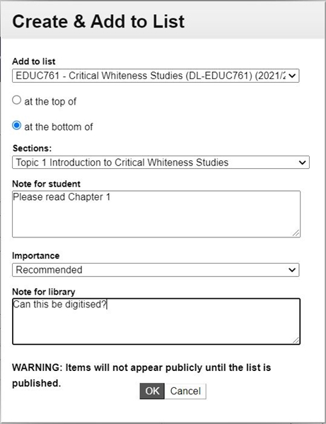 Example of the Create and Add to List pop-up box