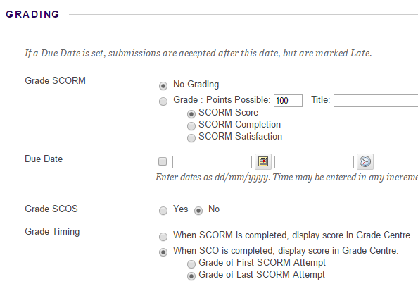 Grading settings for SCORM package