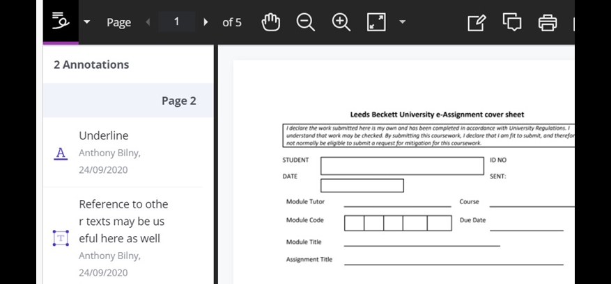 annotations menu view